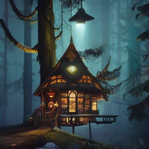 Magical Gingerbread Treehouse Illustration in Ghibli Style