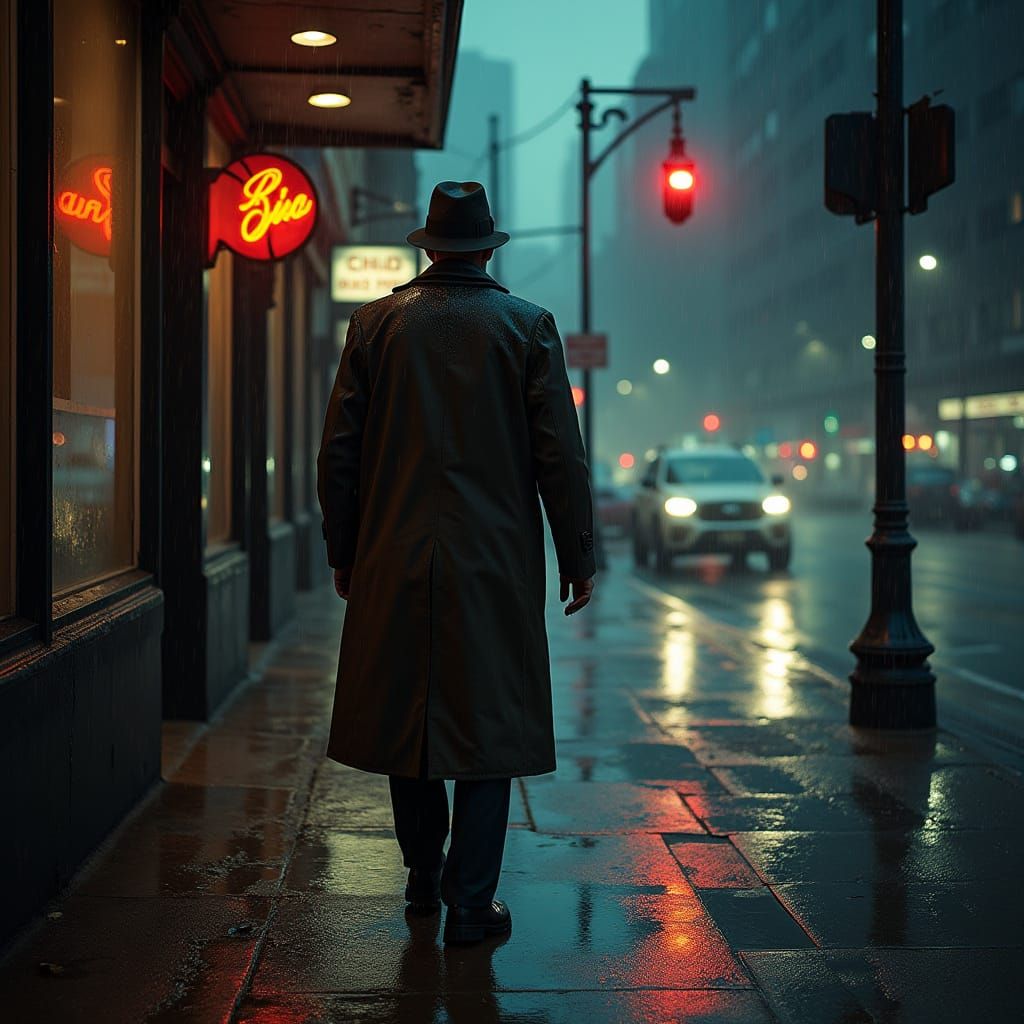Detective in Rainy Chicago, Film-Noir Style