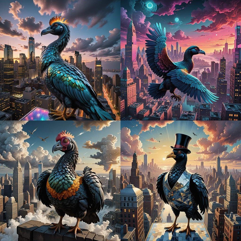 Surreal Dodo Bird Soars Through Dreamlike Cityscape in Vibra...