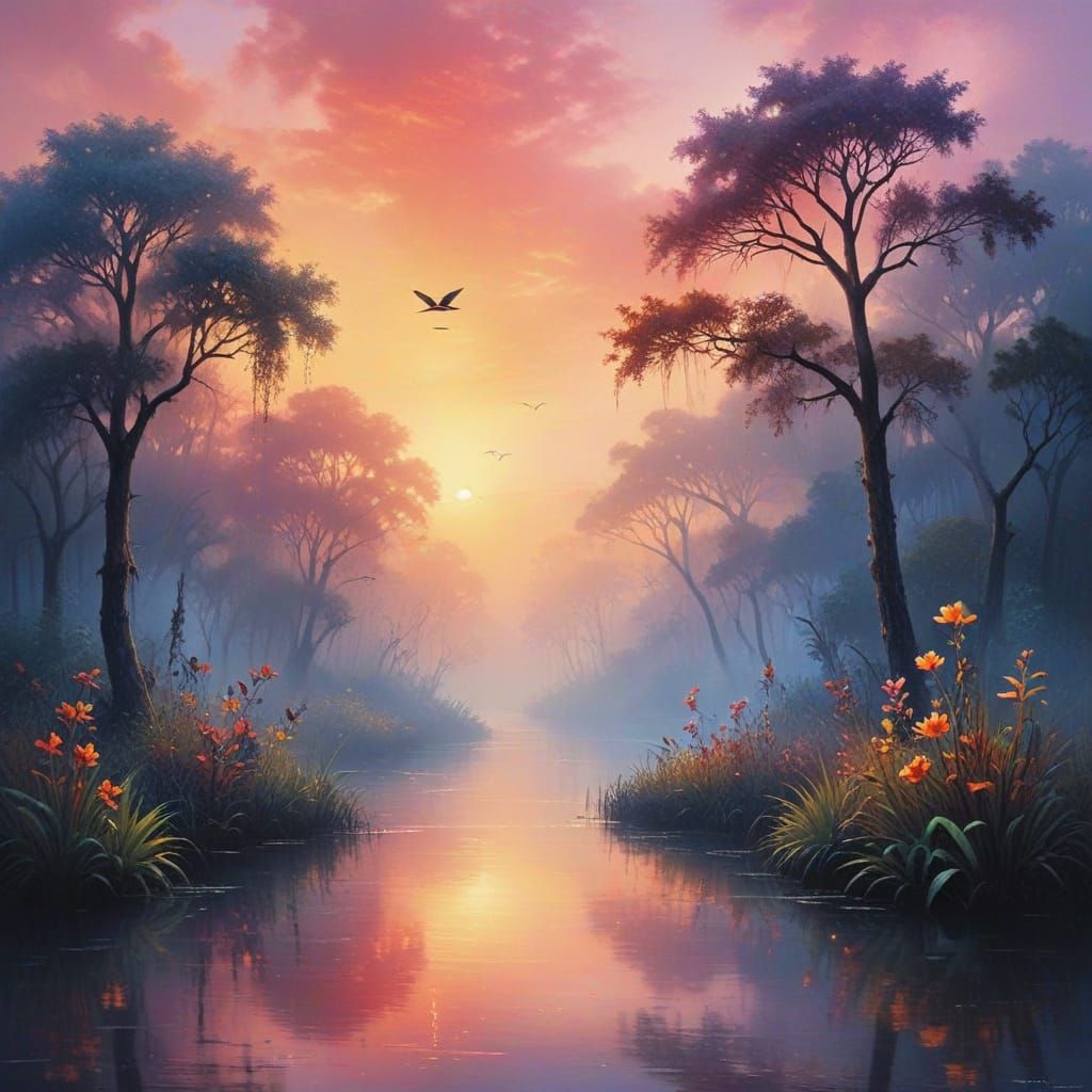 Surreal Wetlands Scene in Vibrant Colors