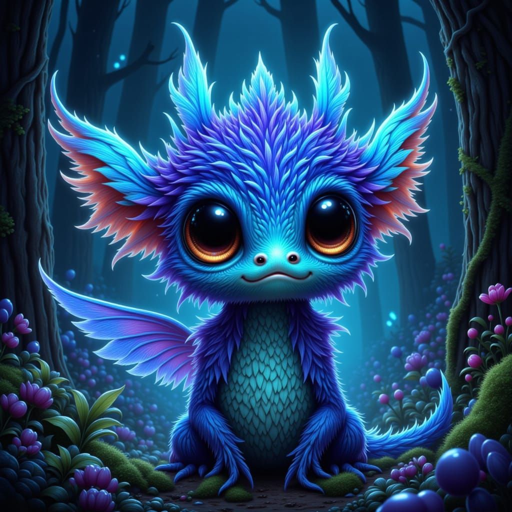 Fantastical Creature in Bioluminescent Forest Digital Painti...