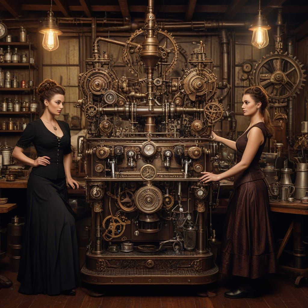 Steampunk Workshop With Women and Vintage Espresso Machine