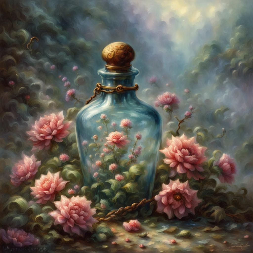 Ethereal Poison Bottle with Flowers, Fantasy Art