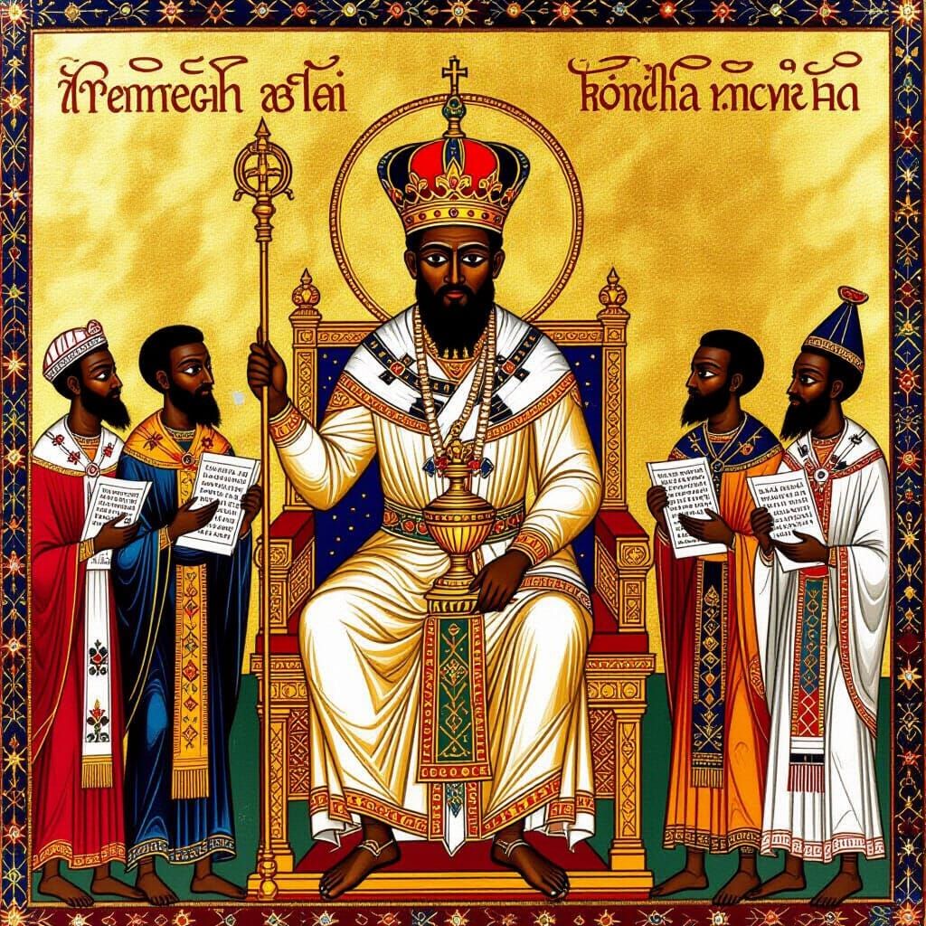 Ethiopian Icon Painting of King Menelik I with Ark of the Co...
