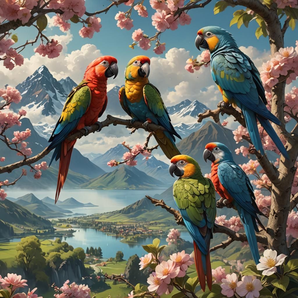 Parrots in Flower Meadow: Hyperdetailed Concept Art