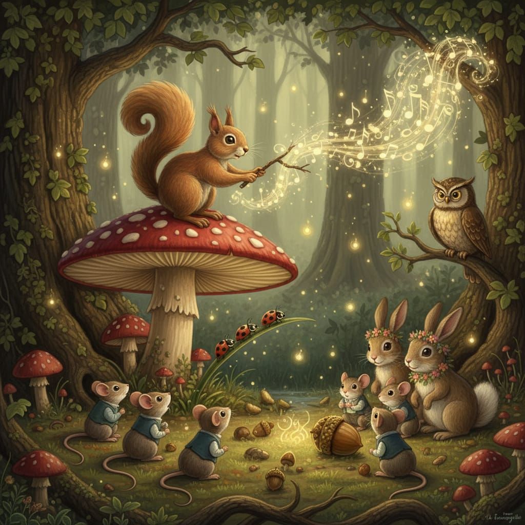 Squirrel Conductor Leads Forest Symphony in Enchanting Illus...