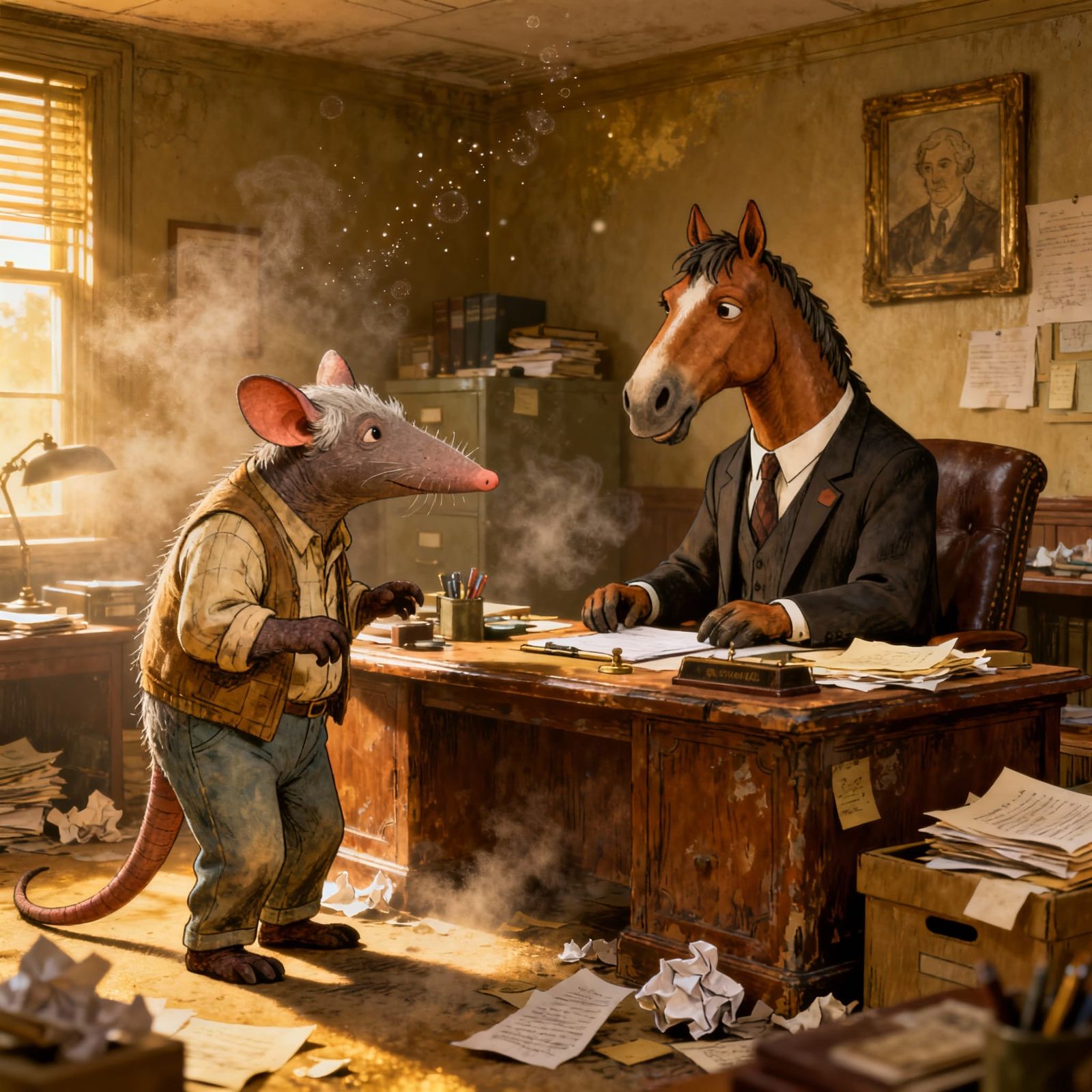 Whimsical Aardvark Consults Horse Attorney in Dusty Office