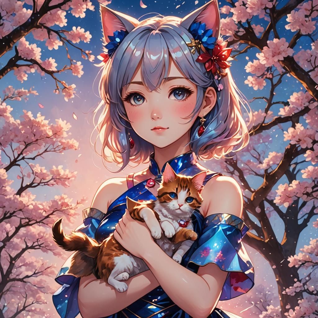 Anime Catgirl in Sapphire Dress Digital Art