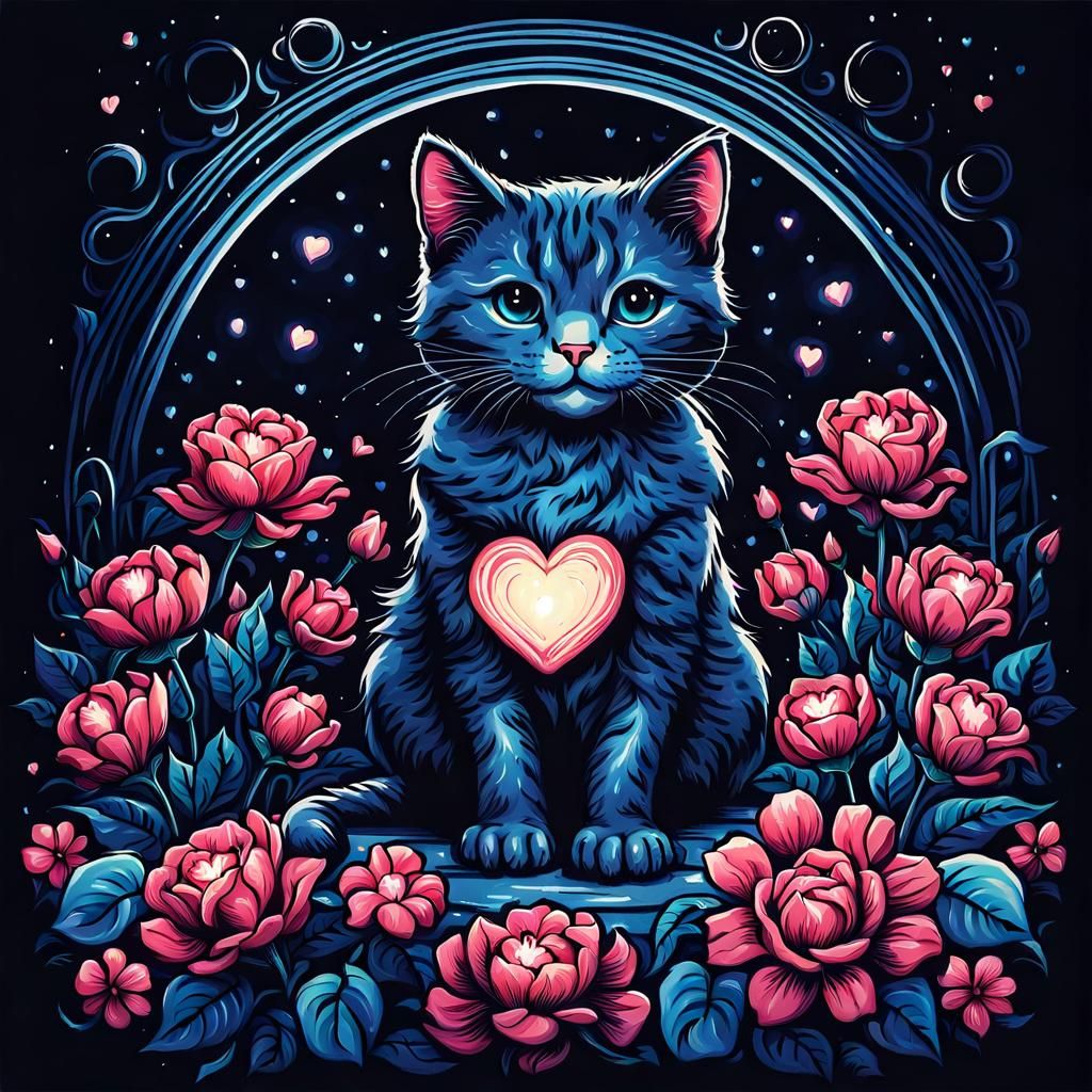 Cute Cat with Flowers in Graphic Illustration Style