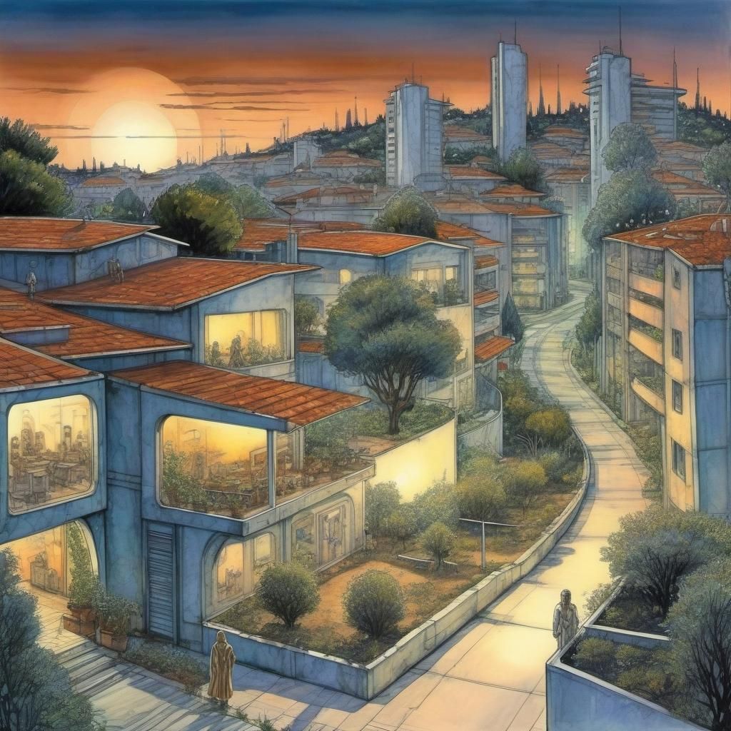 Futuristic Suburb in Evening, Comic Book Style