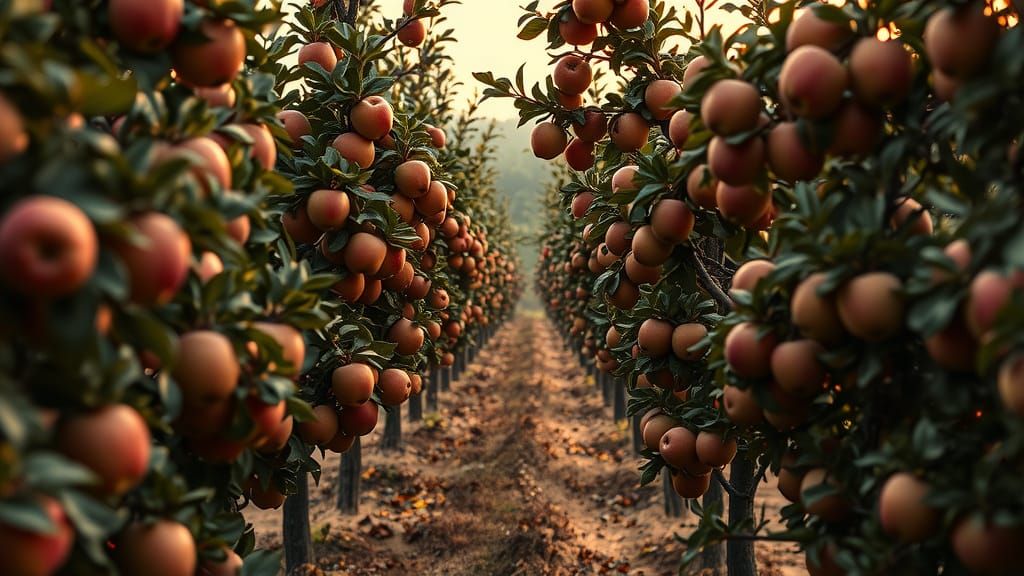 Hyperrealistic Apple Orchard at Golden Hour