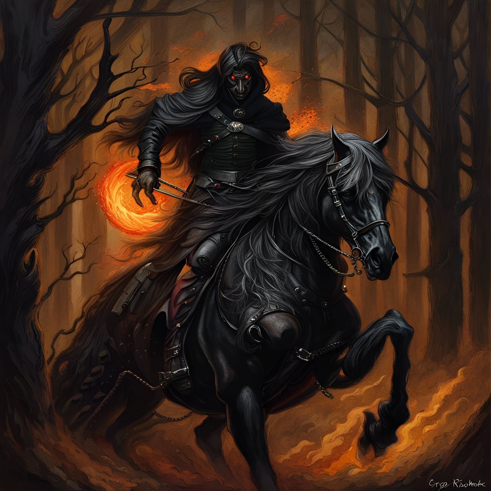 Headless Horseman Galloping Through Dark Forest