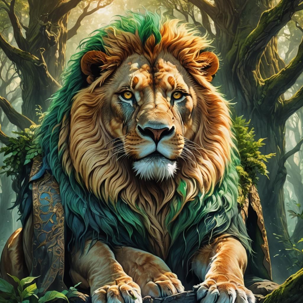 Lion on Throne in Mystical Forest, Fantasy Art