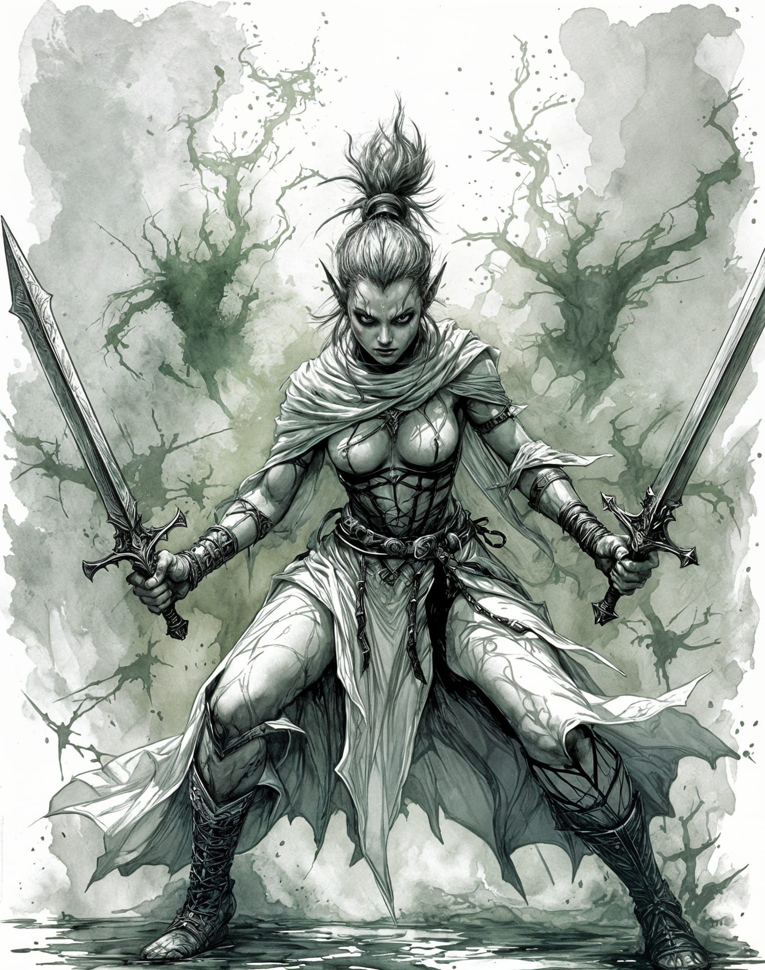 Elegant Fury: Female Elf Barbarian in Defensive Stance