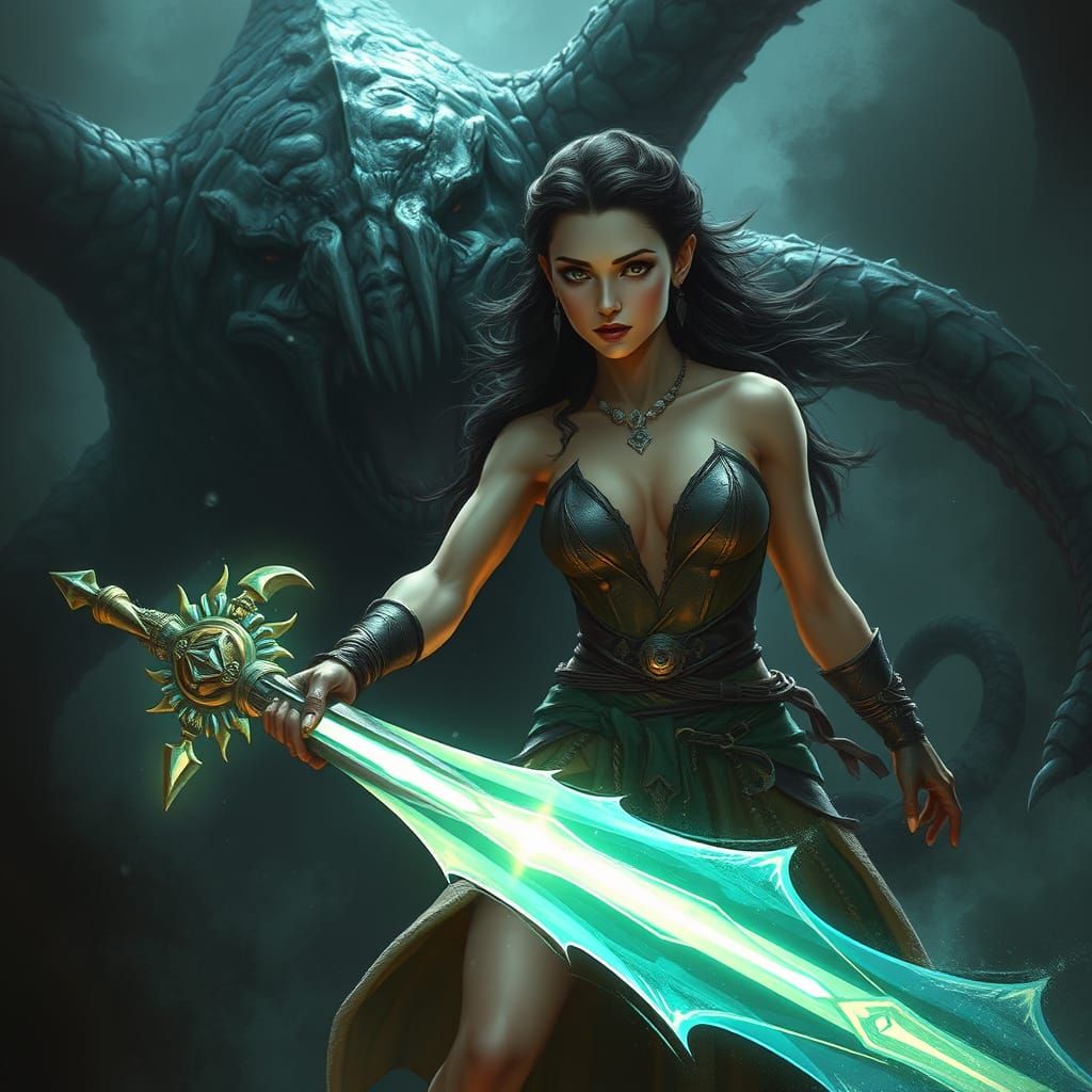 Bare-Chested Woman Mina Battles Tentacled Creature