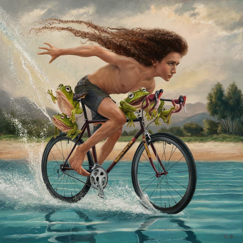 Surreal Young Man Races on Water in Dreamscape
