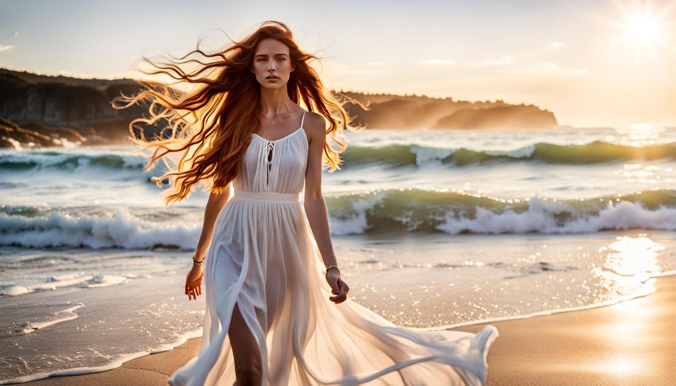 Girl with Flowing Red Hair on a Sunset Beach