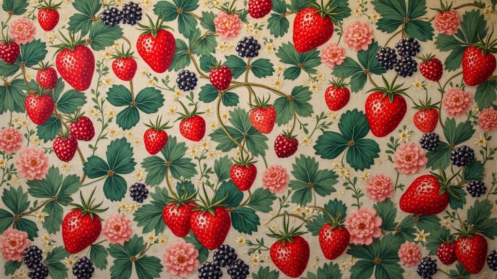 Silk Tapestry with Berries and Leaves in William Morris Styl...