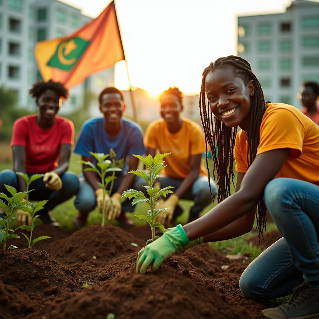 African Volunteers Plant Trees, Cinematic Film Still