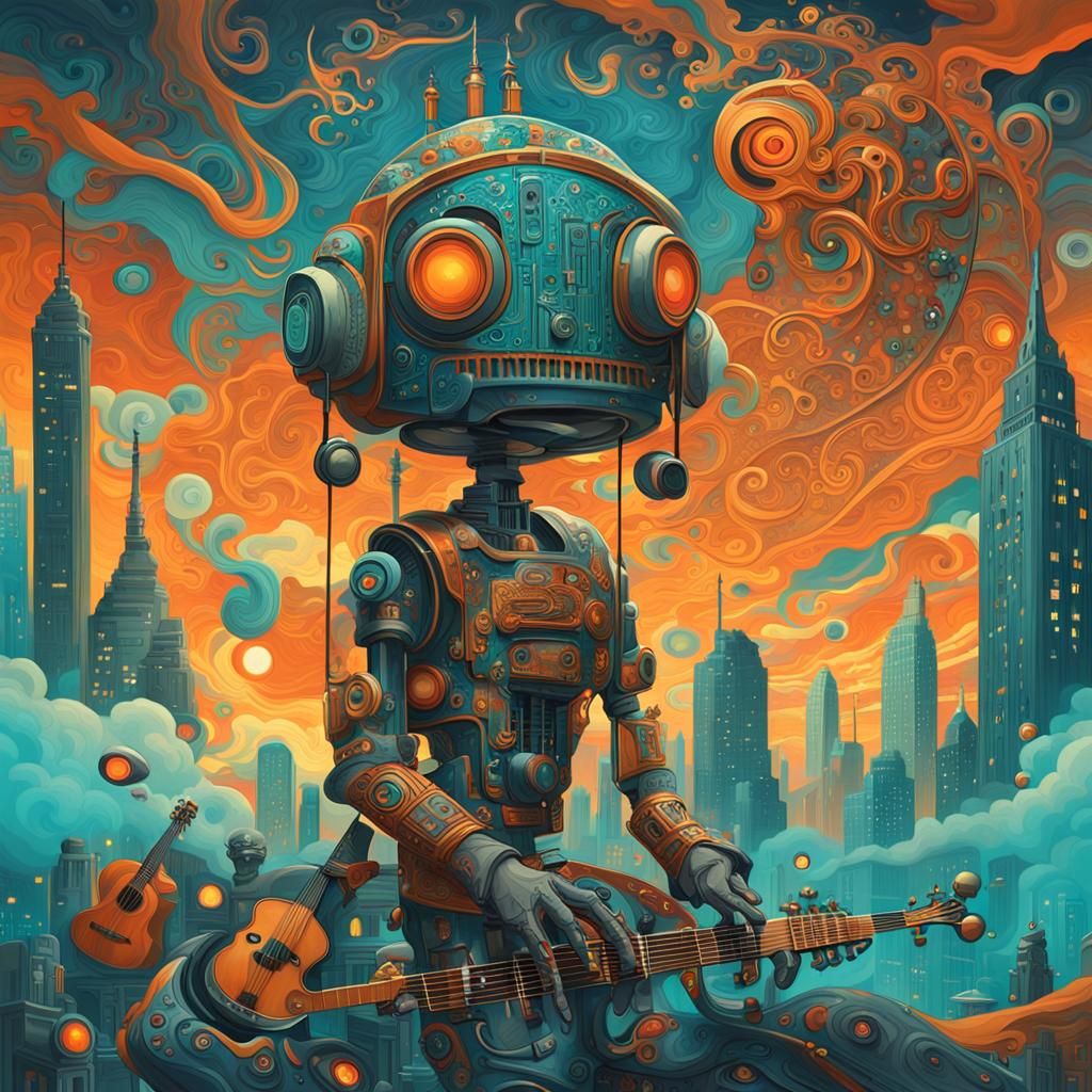 Humans and Robots Coexisting in Art Nouveau Cityscape