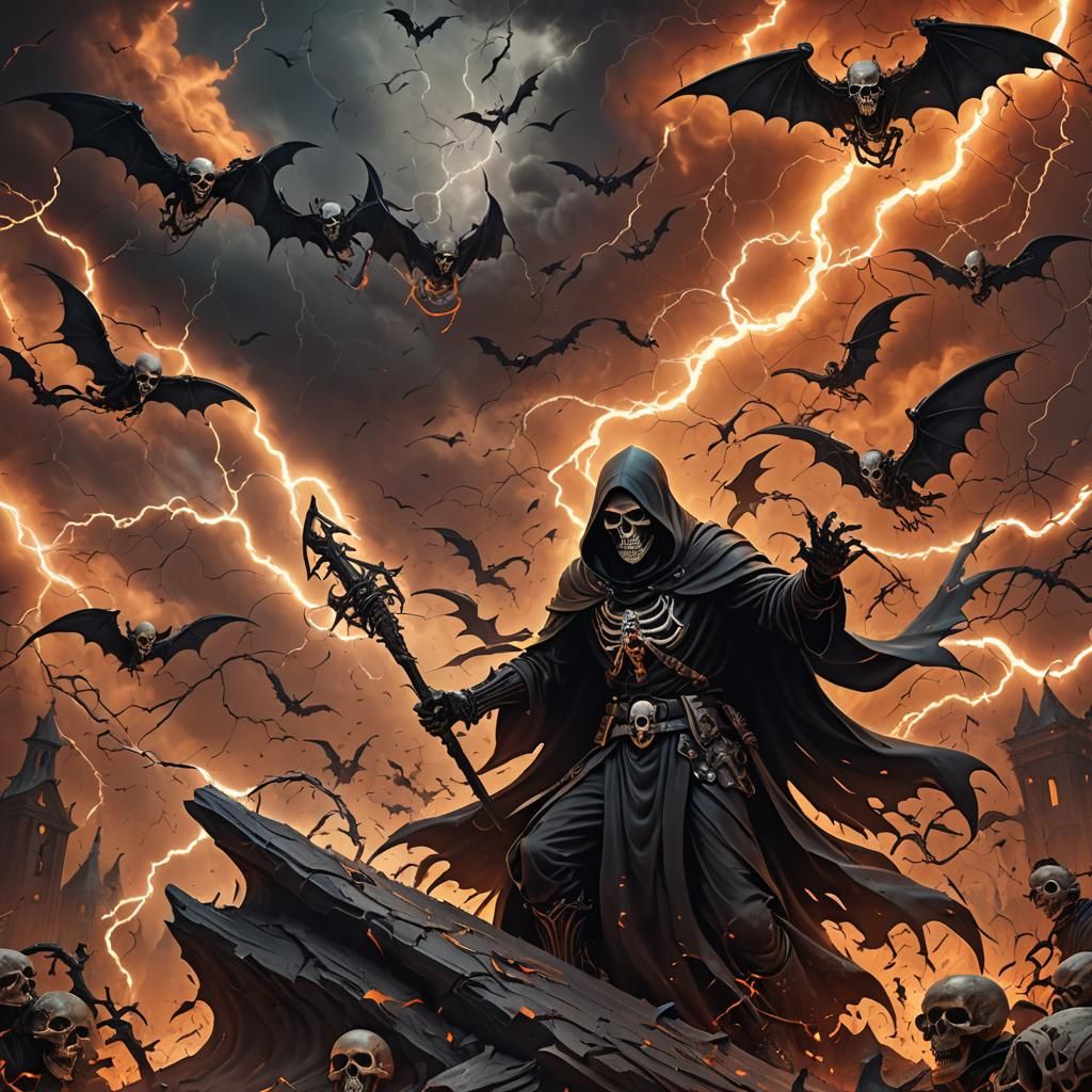 Grim Reaper Dark Art with Bats and Lightning