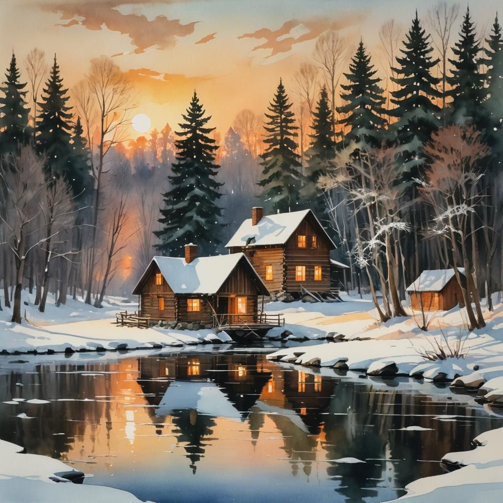 Winter Scene in Watercolor with Cozy Cabin and Frozen River