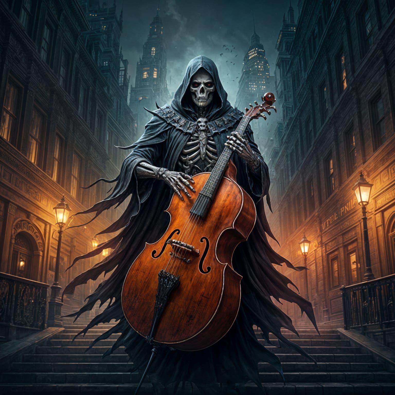 Fantasy Grim Reaper Plays Double Bass