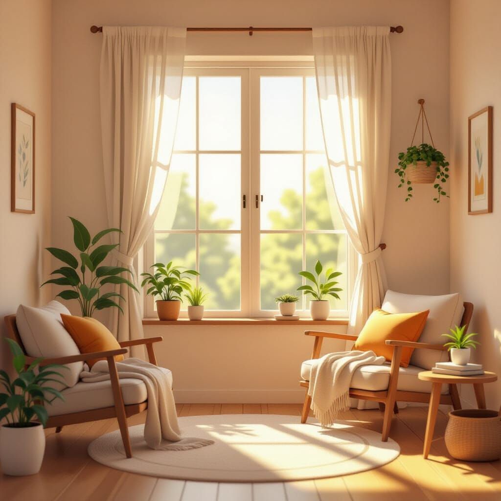 Cozy Modern Room with Ghibli-Inspired Sunlight