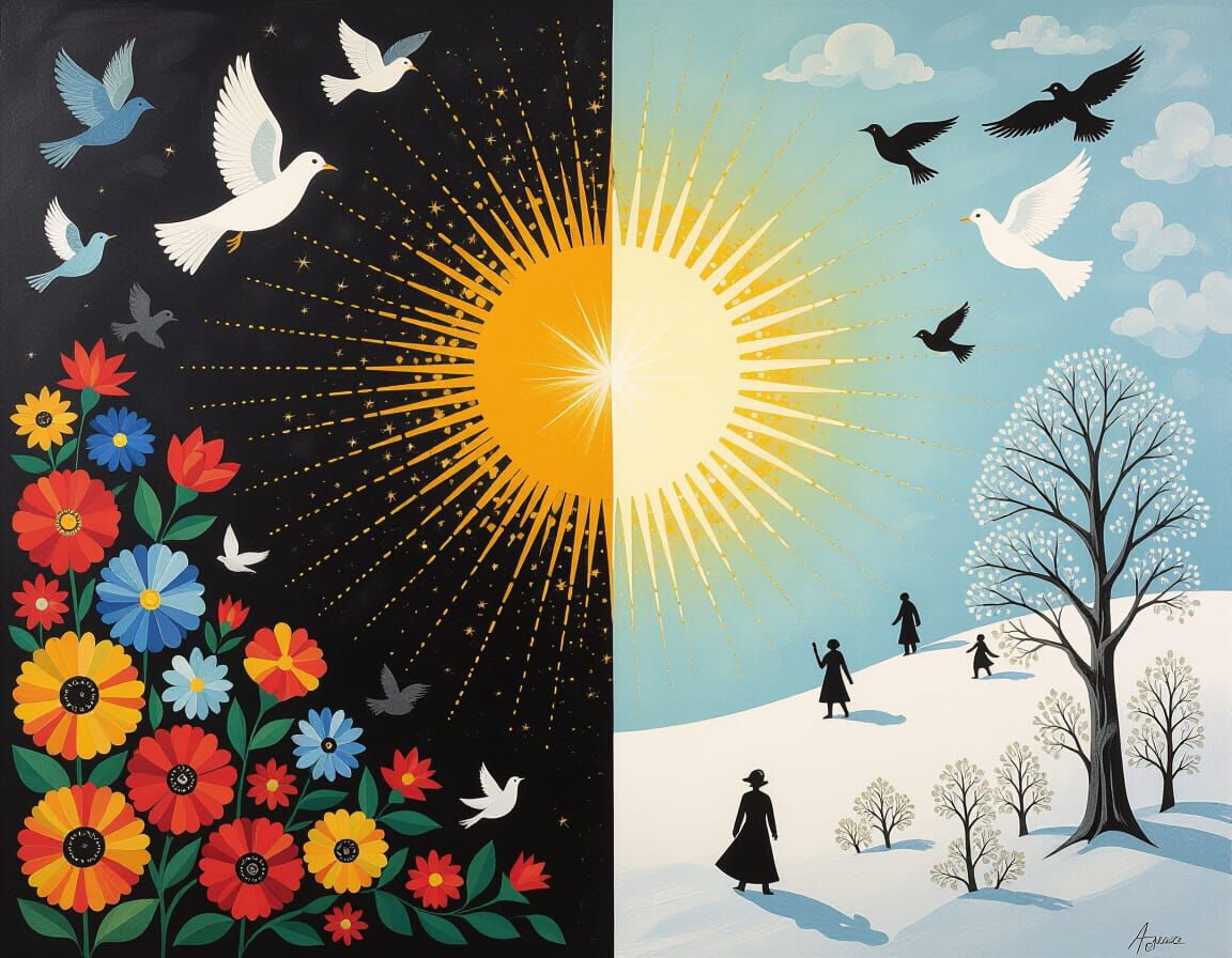 Collage of Good vs Evil, Life vs Death, Summer vs Winter