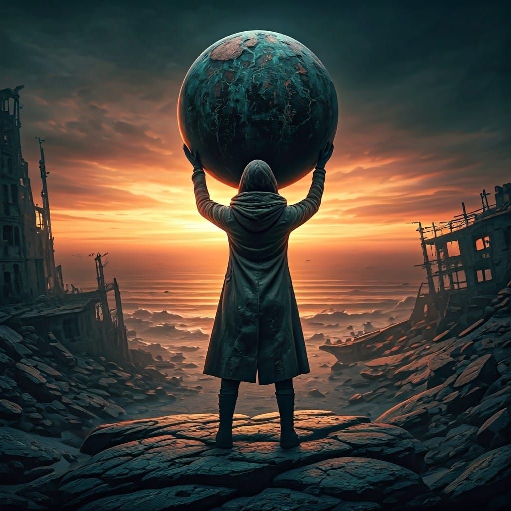 Copper Woman Sculpture Overlooking Dystopian Landscape