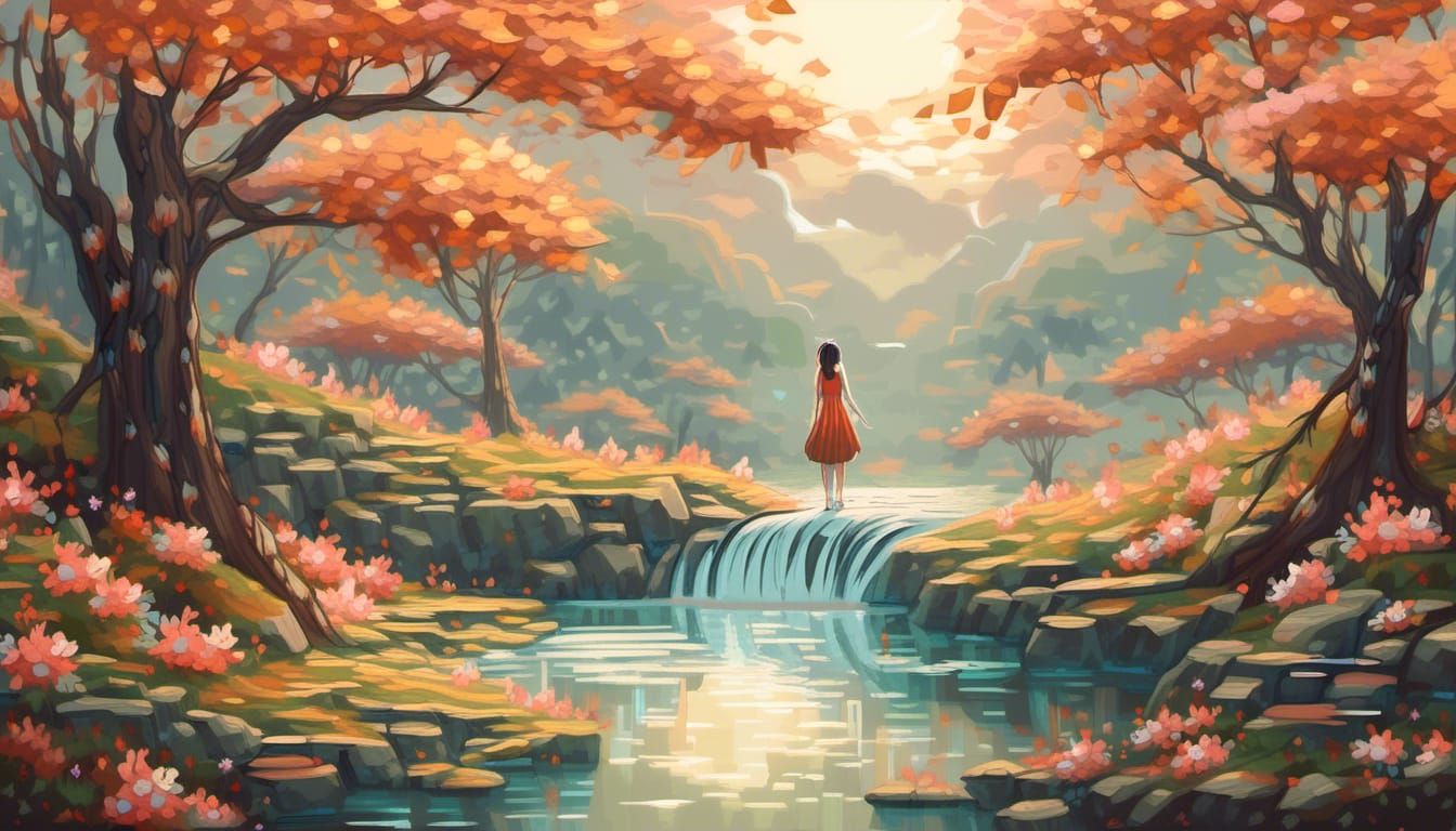 Woman in Foam Dress by River at Sunset