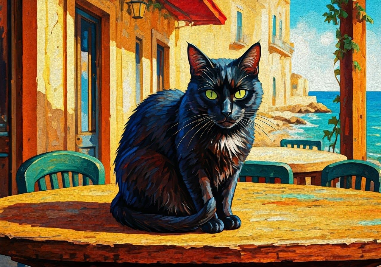 Black cat at the Sicilian restaurant by the sea