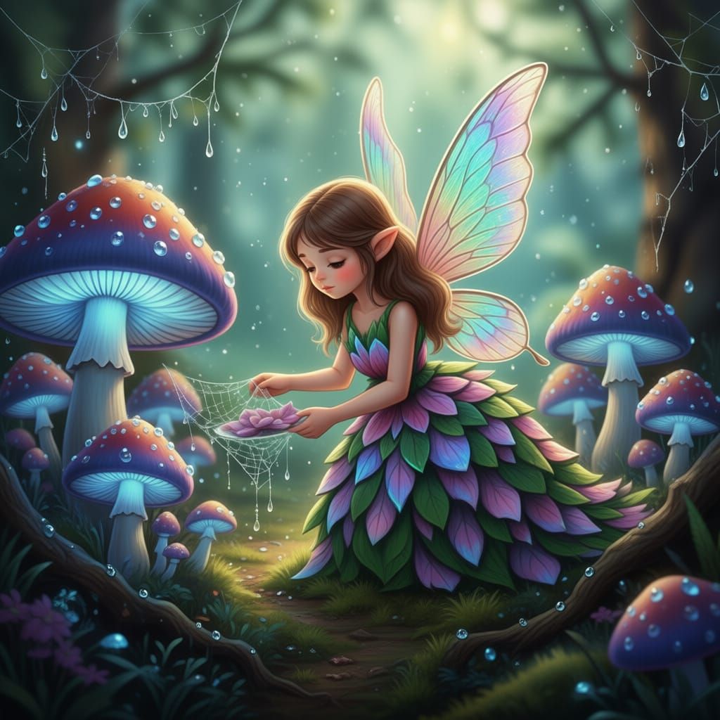 Enchanting Fairy Tends Luminous Mushroom Garden