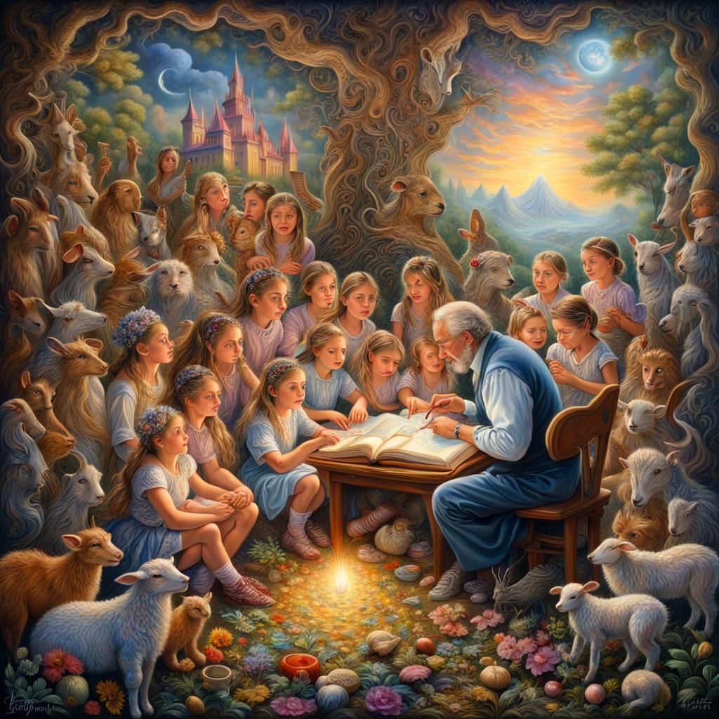 Hyperreal Teacher in Josephine Wall Style Classroom