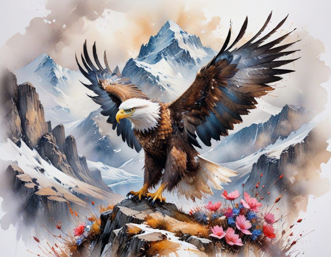 Eagle Soaring Over Alpine Expanse in Watercolour Style