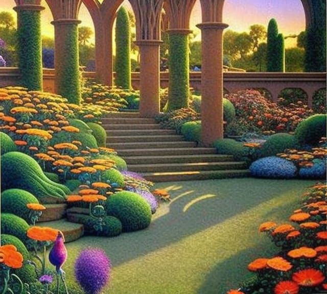 Sunrise Garden with Bronze Fountain in Art Nouveau Style