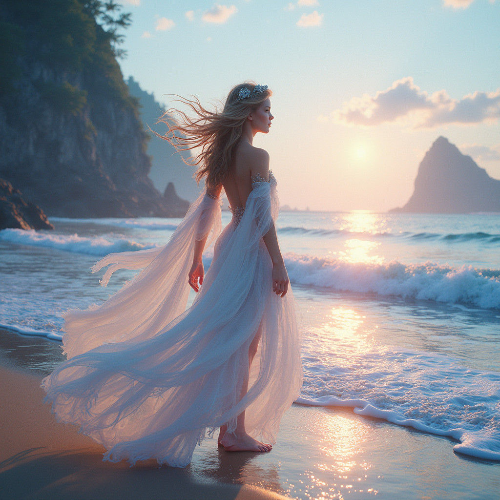 Mystical Figure at Dreamlike Beachfront in Surreal Style