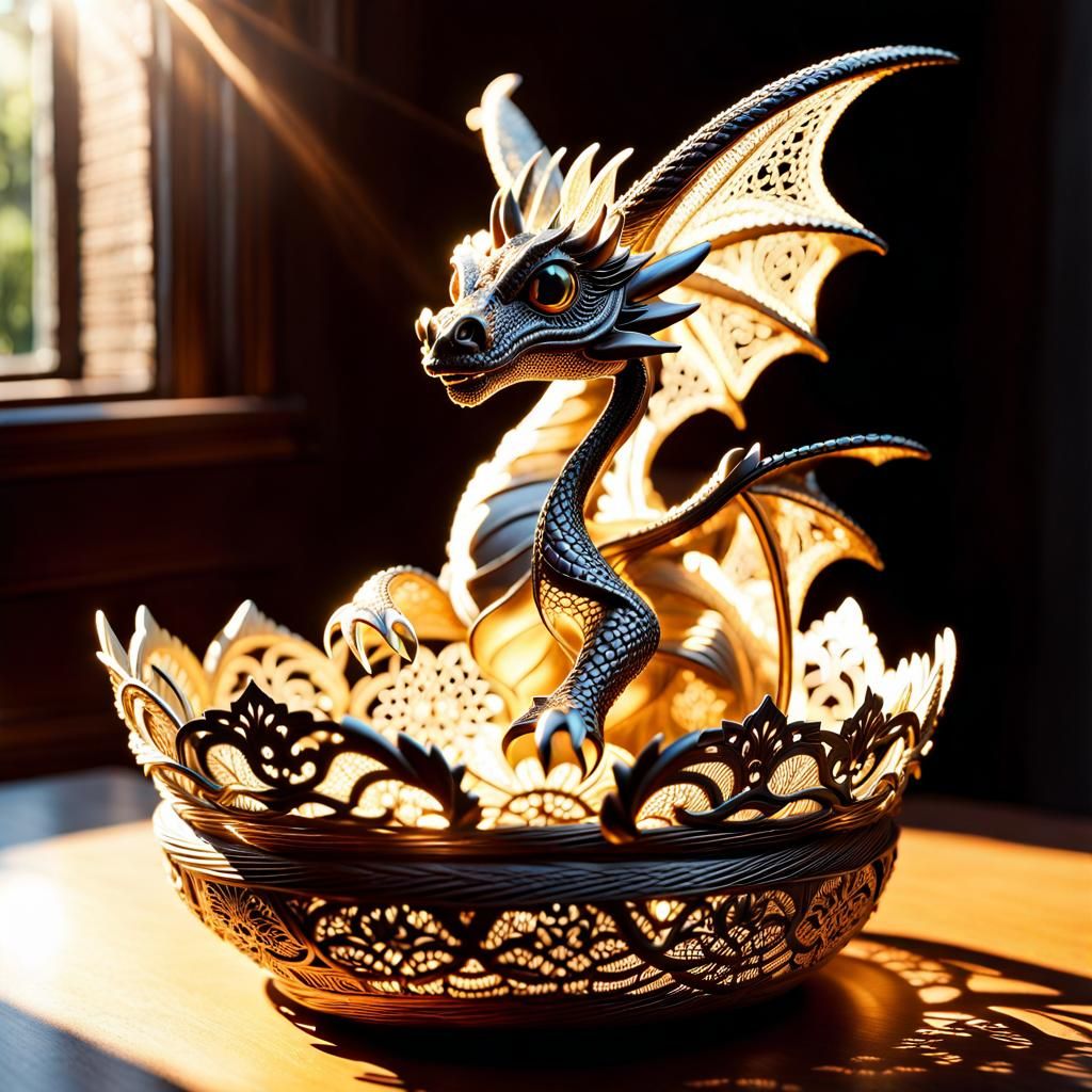 Lace Baby Dragon in Basket, Hyperrealistic Art