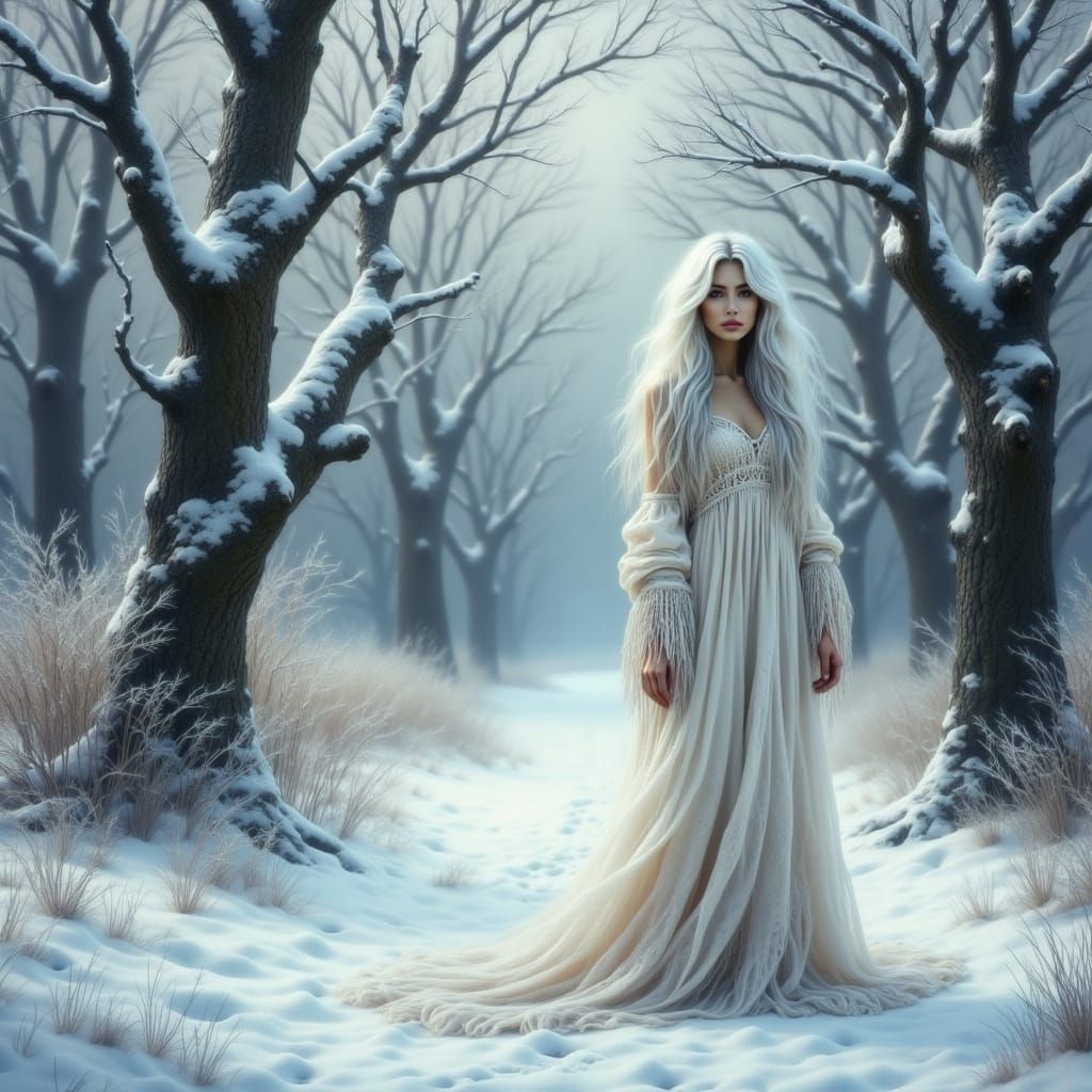 Snow Queen in a Frost-Encrusted Landscape