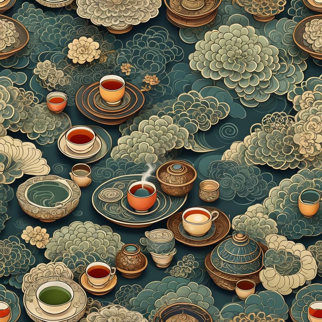 Japanese Tea Ceremony with Abstract Fractal Design