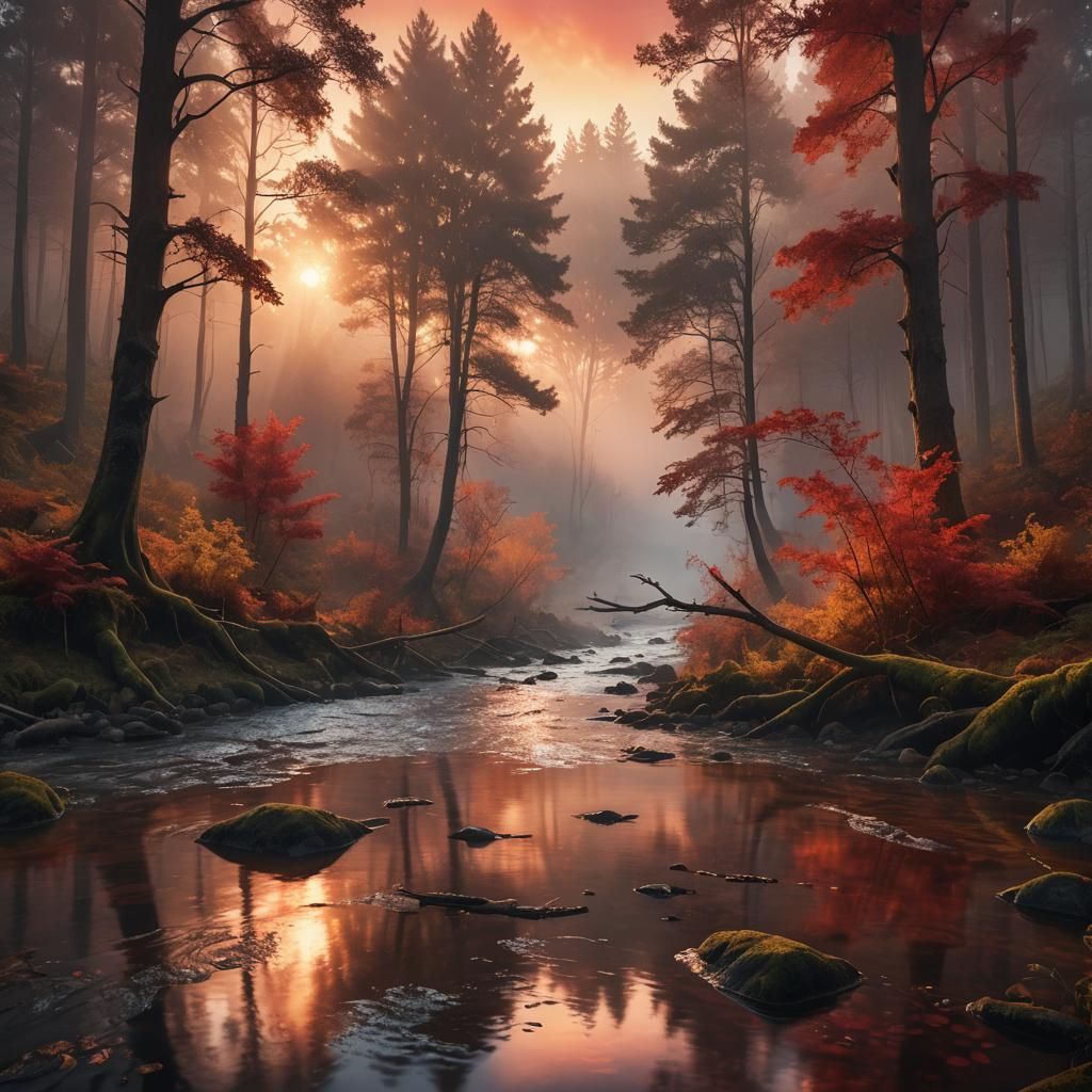 River Runs Through Foggy Forest at Sunrise
