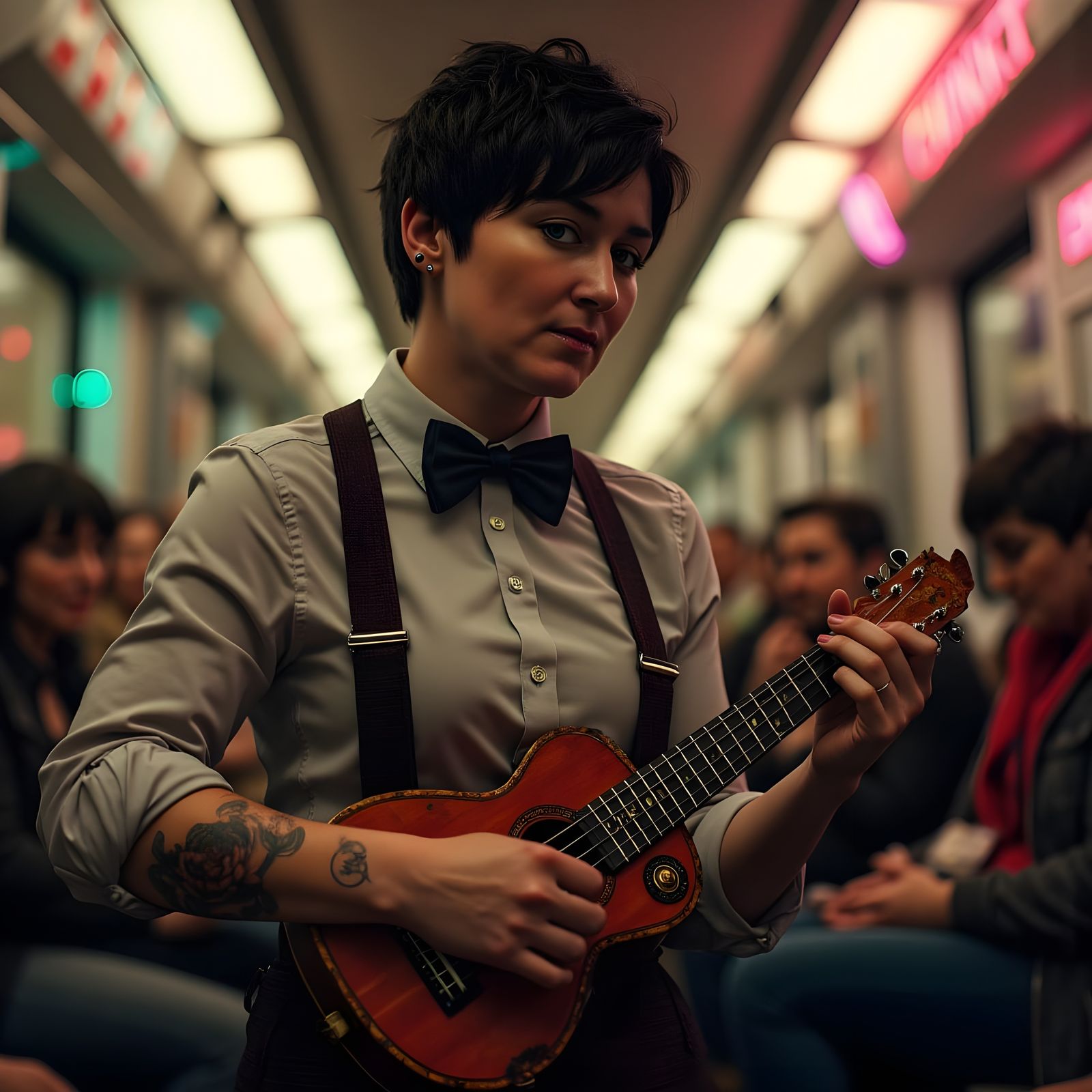 Ukulele Musician in Cyberpunk Subway