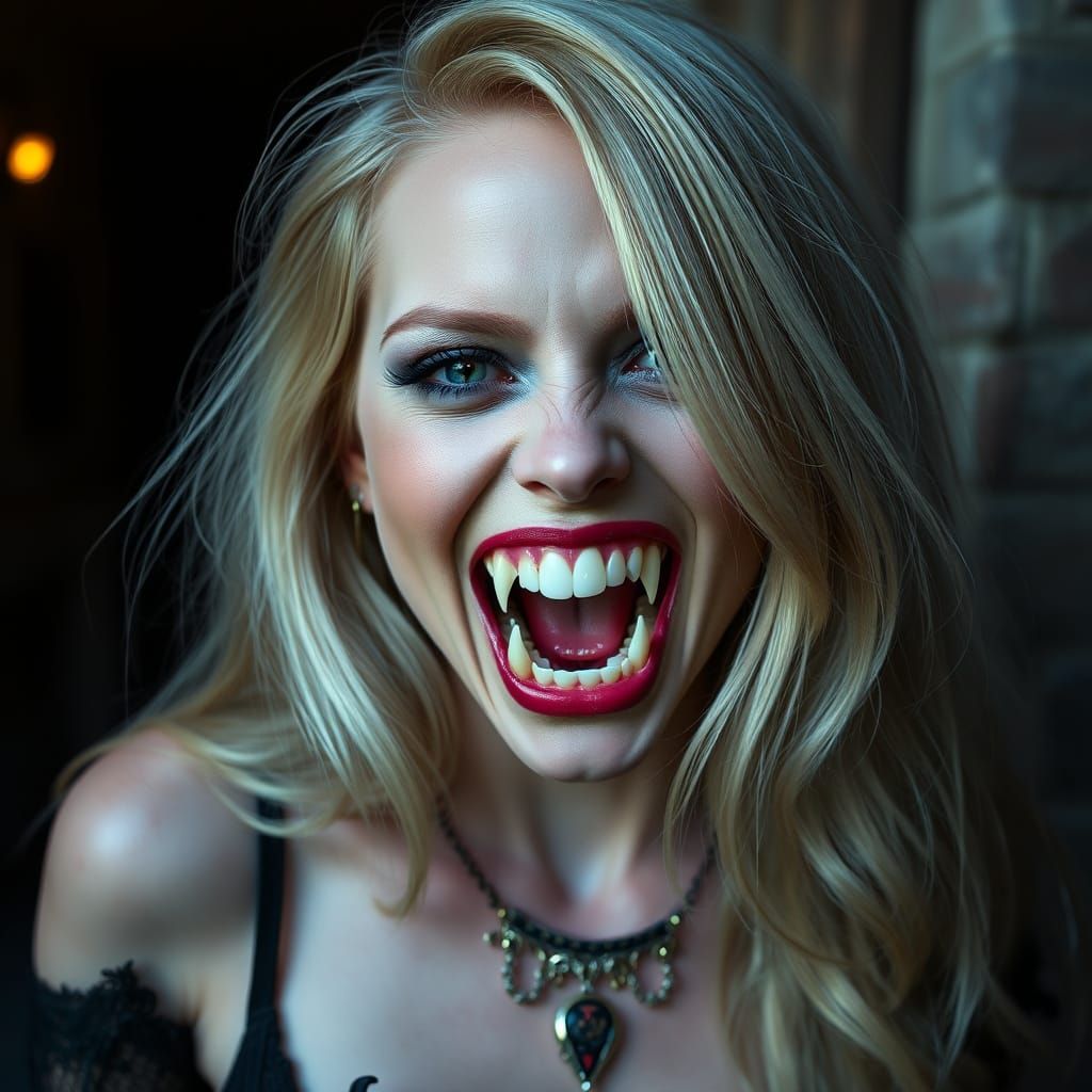 Gothic Vampire Woman Reveals Fangs in Dark 4K Portrait