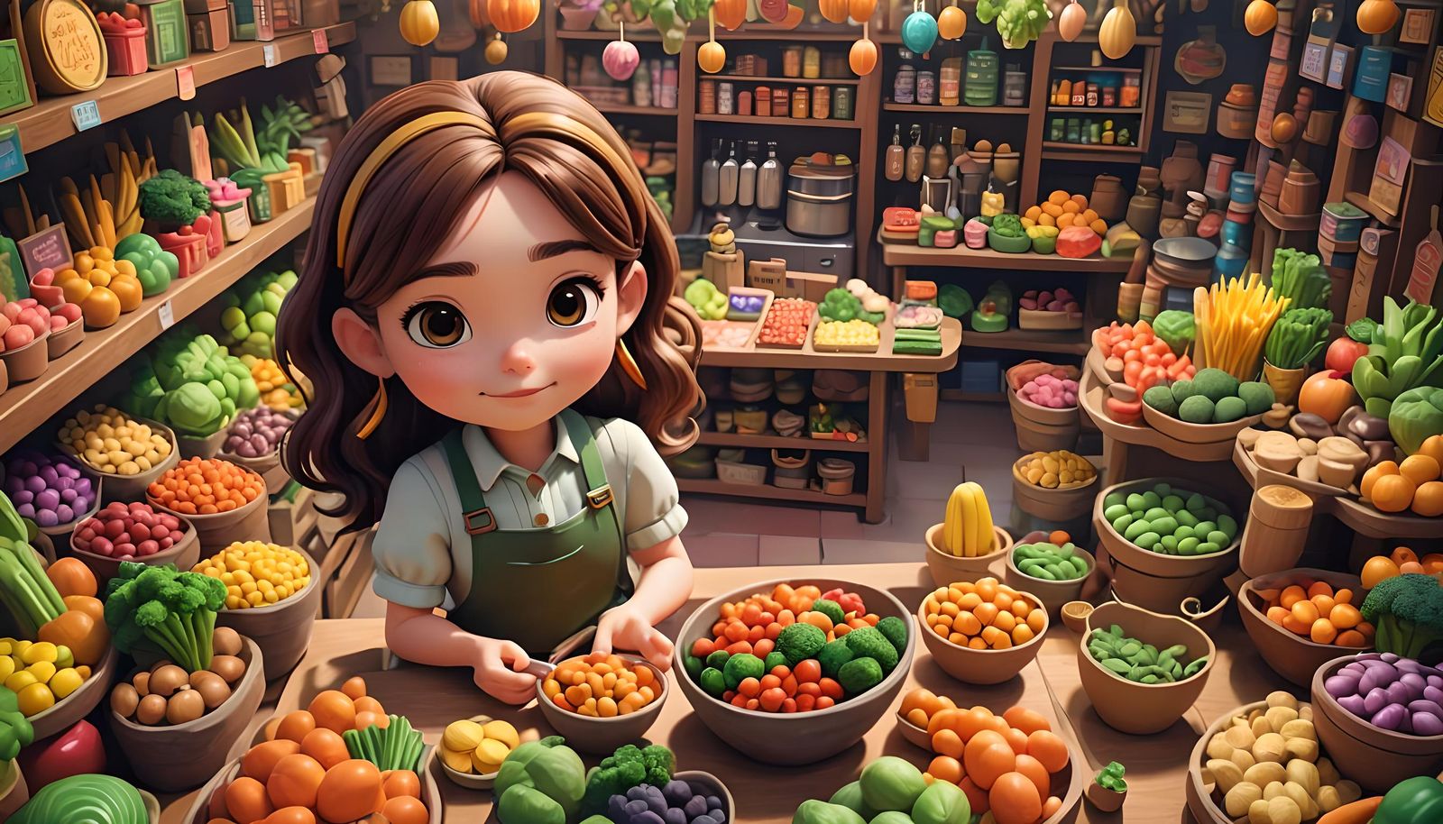 Chibi Girl in Vegetable Candy Shop: 3D Digital Art
