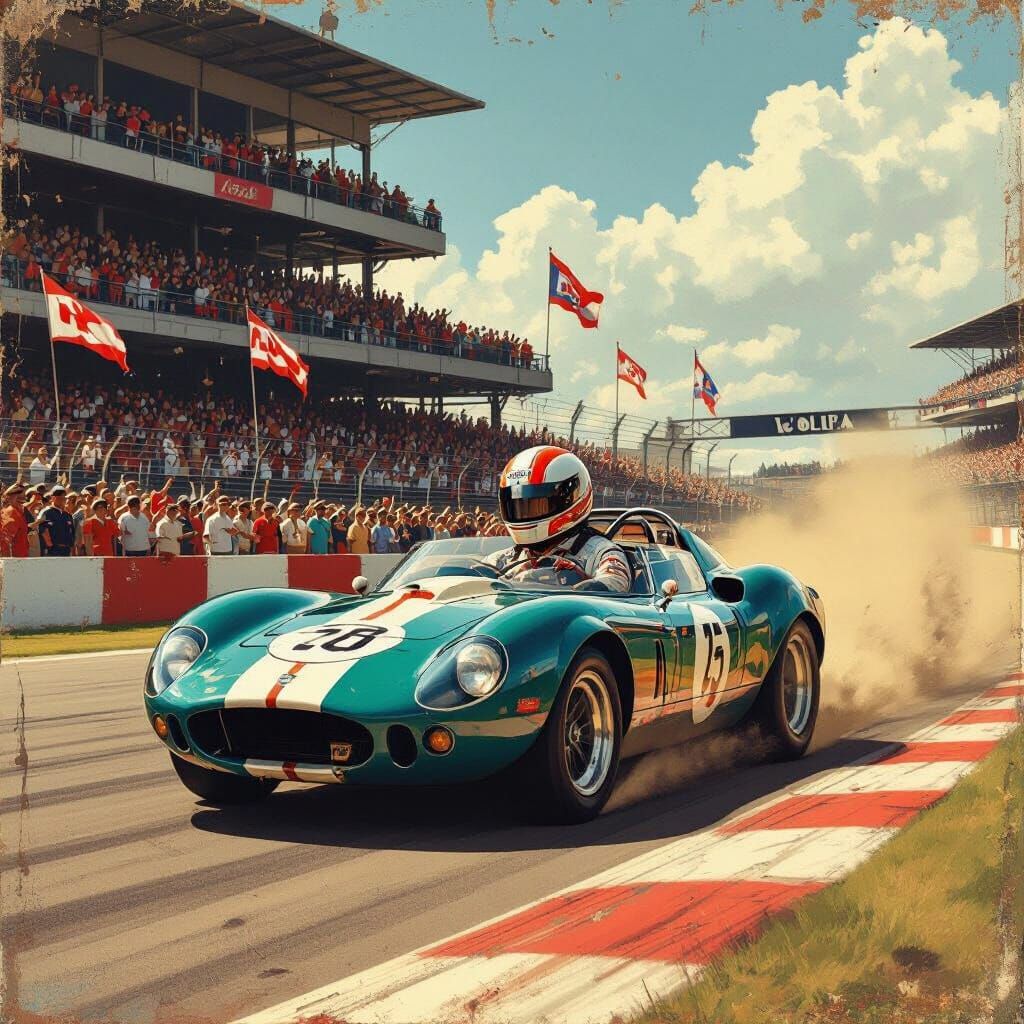 Vintage Race Car Speeds on Racetrack in Retro Style