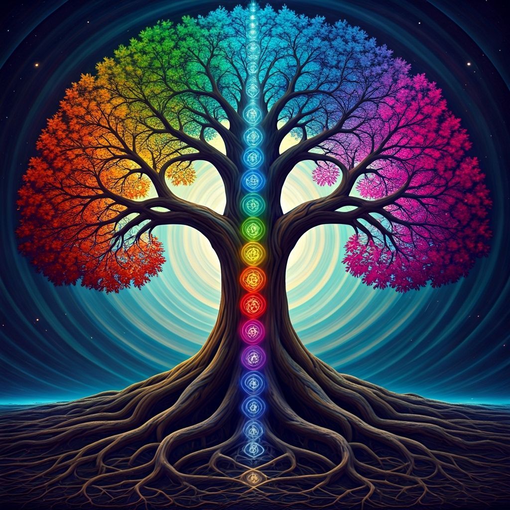 Psychedelic Tree of Life with Glowing Chakra Crystals