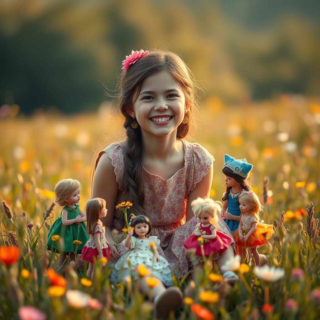 Girlfriend Surrounded by Tiny Friends in Whimsical Meadow