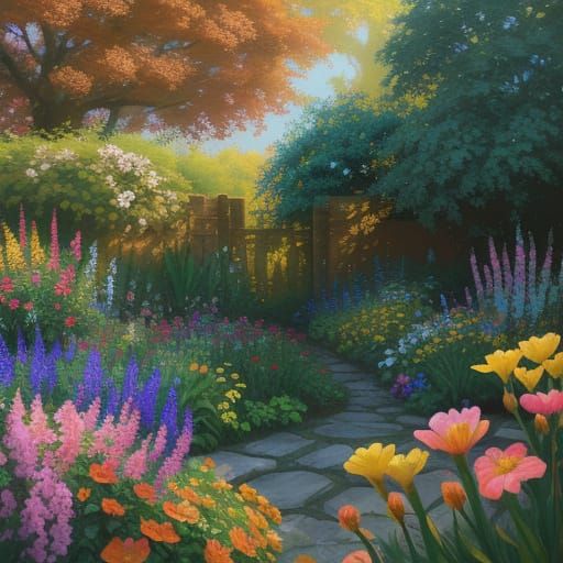 Vibrant Garden in Hyperrealistic Oil Painting Style