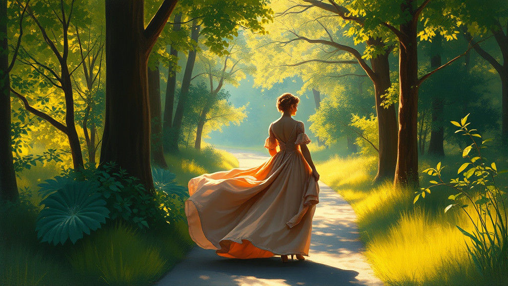 Woman in Gown on Forest Path in Impressionistic Style