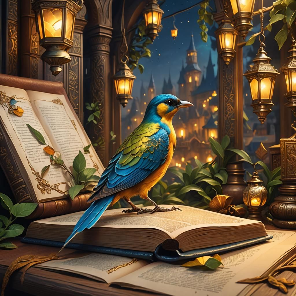 Illustrated Bird on Ancient Tome, Fantasy Concept Art